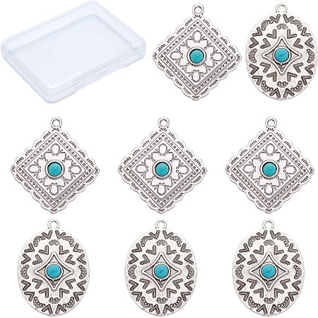 CREATCABIN 1 Box 8Pcs 2 Styles Synthetic Turquoise Charms Thai Sterling Silver Plated Rhombus Oval Alloy Tibetan Style Vintage Pendants for Jewelry Making Charms Bracelets Necklaces Findings
