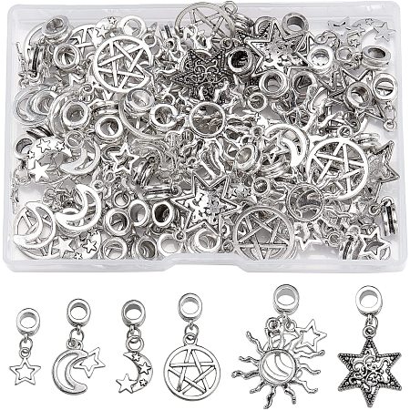 SUPERFINDINGS 60Pcs 6 Styles Tibetan European Dangle Charms Alloy Sun Moon Star Pendants Antique Silver Dangle Spacer Beads Bails Connector for Jewelry Making
