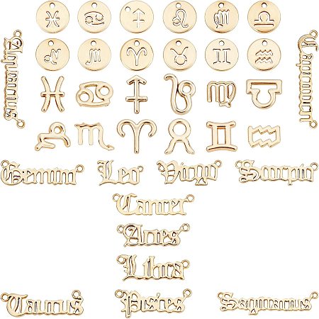 SUNNYCLUE 1 Box 3 Sets 36Pcs Gold Zodiac Charm Alloy Twelve Constellation Sign Word Epoxy Resin Fillers Virgo Scorpio Libra Leo Flat Round Pendants for Jewelry Making Charms Bracelets Nails Findings