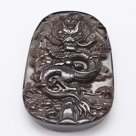 Honeyhandy Natural Ice Crystal Obsidian Carven Pendants, Chinese Dragon, Black, 53~57x37.5~40x11~12.5mm, Hole: 1mm