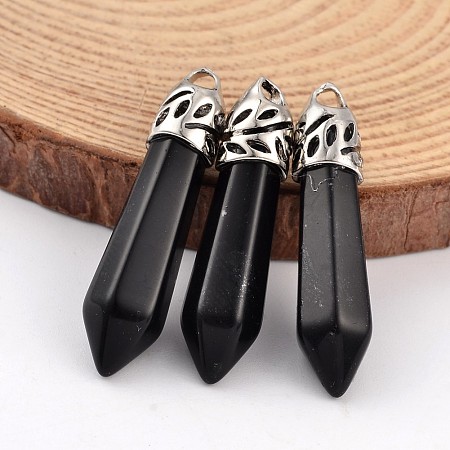 Honeyhandy Bullet Natural Obsidian Pendants, with Platinum Tone Alloy Findings, 33~40x8~10mm, Hole: 3x2mm