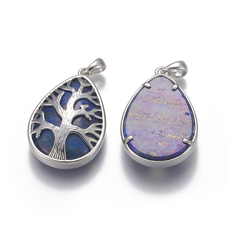 Honeyhandy Natural Lapis Lazuli Pendants, with Brass Findings, Teardrop with Tree, Dyed, Platinum, 39x26x8mm, Hole: 4x6mm