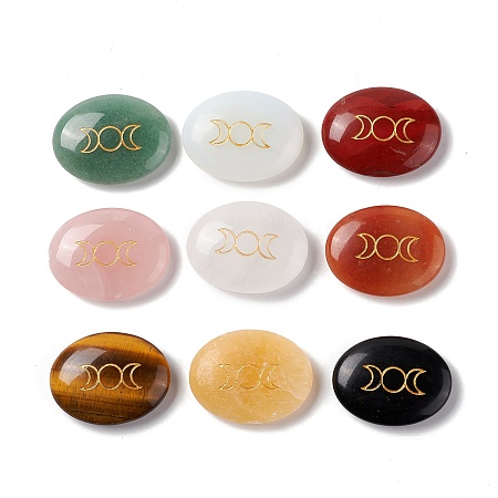 Natural & Synthetic Mixed Gemstone Massager, Worry Stone, Oval with Moon & Sun, 33x43x11~12mm