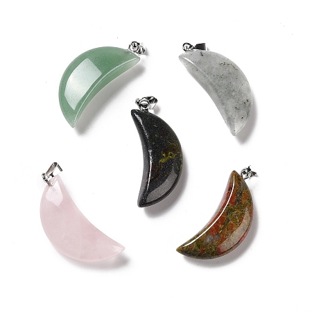 Natural Gemstone Pendants, with Platinum Tone Brass Findings, Moon, 32~34x13~15x8~9mm, Hole: 2x6mm