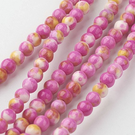 Honeyhandy Natural White Jade Bead Strands, Round, Dyed, Hot Pink, 4mm, Hole: 1mm, about 104pcs/strand, 15.7 inch(400mm)