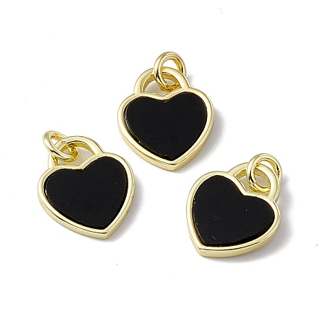 Honeyhandy Natural Black Onyx(Dyed & Heated) Heart Charms, with Rack Plating Golden Tone Brass Findings, Cadmium Free & Lead Free, 14x12x2mm, Hole: 3mm