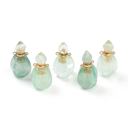 Honeyhandy Faceted Natural Fluorite Pendants, Openable Perfume Bottle, with Golden Tone Brass Findings, 32~33x17~18x16mm, Hole: 7mm, capacity: 1ml(0.03 fl. oz)