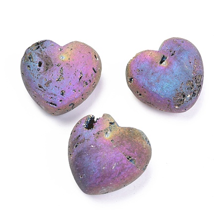 Honeyhandy Electroplate Natural Druzy Agate Heart Love Stone, Pocket Palm Stone for Reiki Balancing, Multi-color Plated, 37.5~39.5x40~40.5x20~22.5mm