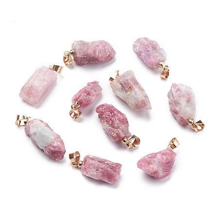 Honeyhandy Natural Red Tourmaline Pendants, Rough Raw Stone, with Brass Bails, Grade AAA, Long-Lasting Plated, Nuggets, Golden, 19~29.5x12.5~23x5.3~9.5mm, Hole: 3.9x3.7mm