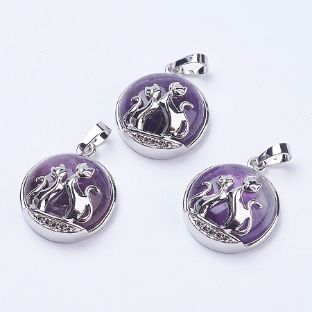 Honeyhandy Natural Amethyst Pendants, with Brass Findings, Flat Round with Fox, Platinum, 28~29x23~24x9~10mm, Hole: 5x7mm