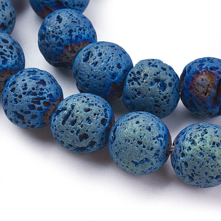 ARRICRAFT Vacuum Plating Electroplated Natural Lava Rock Beads Strands, Round, Blue Plated, 12mm, Hole: 1.5mm, about 33pcs/strand, 15.35 inch(39cm)