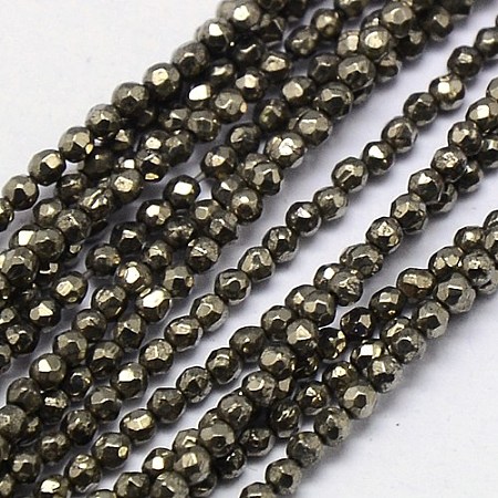 Honeyhandy Natural Pyrite Beads Strands, Round, Faceted, 2mm, Hole: 0.3mm, about 200pcs/strand, 15.74 inch