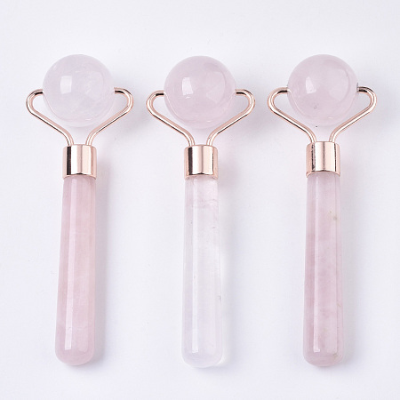 Honeyhandy Natural Rose Quartz Mini Eye Roller Massage Tool Skin Care, with Rose Gold Plated Brass Findings, 109x36x25mm