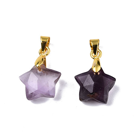 Honeyhandy Natural Amethyst Charms, with Golden Plated Brass Findings, Faceted Star, Star: 12x12.5x5.5mm, Hole: 3.5x4mm