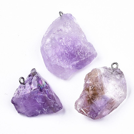 Honeyhandy Natural Amethyst Pendants, Rough Raw Stone, with 304 Stainless Steel Loops, Nuggets, 25~45x20~31x10~20mm, Hole: 2mm