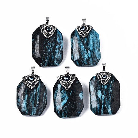 ARRICRAFT Dyed Natural Gemstones Pendants, with Platinum Plated Iron Loops, Enamel and Crystal Rhinestone, Oval, Sky Blue, 44~47x30~32x17~19.5mm, Hole: 4x6.5mm