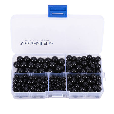 PandaHall Elite 316 Pcs Black Smooth Polish Round Loose Beads 4mm 6mm 8mm 10mm Mix Lot Box Set with Box Container