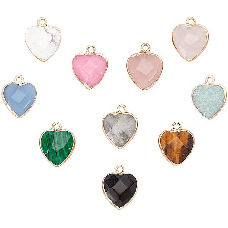 SUNNYCLUE 1 Box 10 Styles Heart Shape Stone Pendants Gemstone Charms Healing Crystal Chakra Beads Faceted Jewellery Pendant Dangles for Women DIY Earring Necklace Jewelry Making