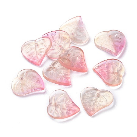 Honeyhandy Transparent Glass Beads, with Glitter Gold Powder, Two Tone, Leaf, Light Salmon, 15x15x3mm, Hole: 1.2mm