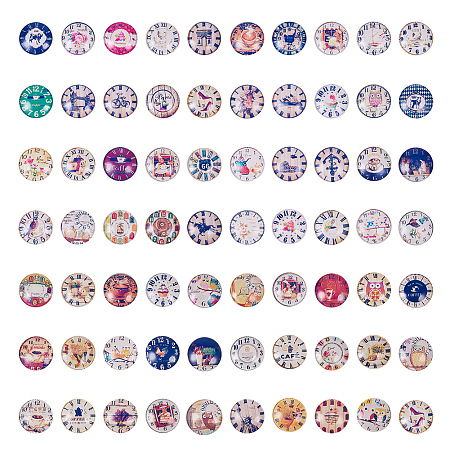 PandaHall Elite 70pcs 70 Different Styles 25mm Mosaic Printed Picture Glass Half Round Dome Cabochons Tiles for Jewelry Making, Clock Series