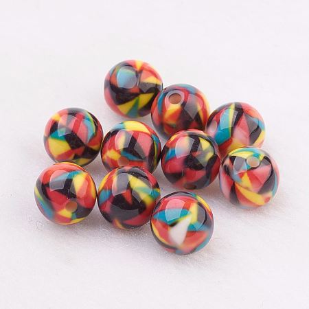 ARRICRAFT Spray Painted Resin Beads, with Geometrical Pattern, Round, Colorful, 10mm, Hole: 2mm