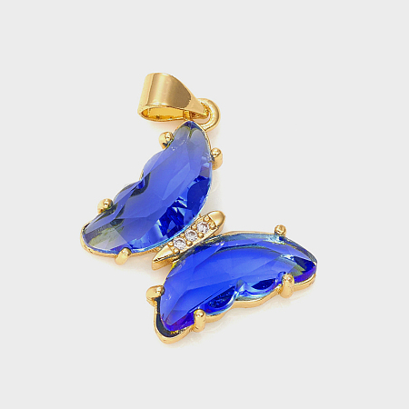 Honeyhandy Glass Pendants, with Brass Clear Micro Pave Cubic Zirconia, Butterfly, Golden, Blue, 24x21x4mm, Hole: 5.5x3.5mm