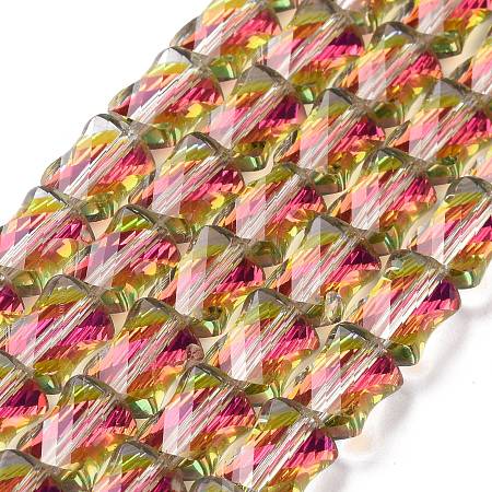 Faceted Electroplated Transparent Glass Beads Strands, Half Rainbow Plated, Twist Rectangle, Olive Drab, 10x8x5mm, Hole: 1.5mm, about 49pcs/strand, 20.47~20.8 inch(52~53cm)