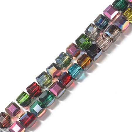 Honeyhandy Transparent Electroplated Glass Beads Strands, Multi-color Plated, Faceted, Cube, Colorful, 5.5x5.5x5.5mm, Hole: 1.2mm, about 92pcs/strand, 20.28 inch(51.5cm)