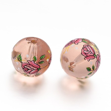 NBEADS Flower Picture Printed Glass Round Beads, Colorful, 14mm, Hole: 2mm