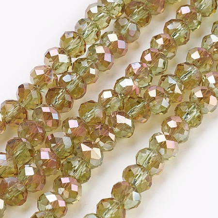 Honeyhandy Electroplate Glass Beads Strands, Opalite, Half Rainbow Plated, Faceted, Rondelle, Dark Khaki, 6x4~5mm, Hole: 0.8~1mm, about 88~92pcs/strand, 15.5 inch~16 inch(39~45cm)