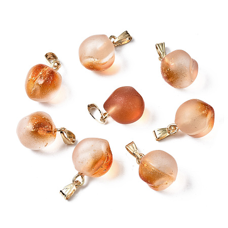 ARRICRAFT Two Tone Transparent Spray Painted Glass Pendants, with Golden Plated Iron Bails and Gold Foil, Frosted, Peach, Chocolate, 16~17x11~12x11~12mm, Hole: 6x2mm