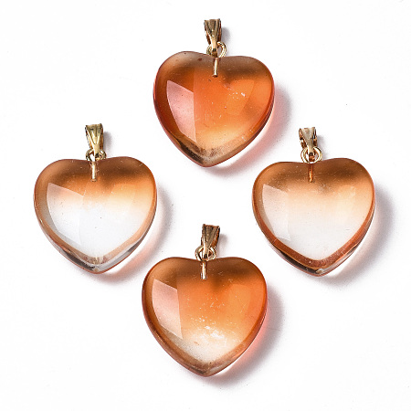 ARRICRAFT Two Tone Spray Painted Glass Pendants, with Golden Plated Iron Bails, Heart, Chocolate, 22x20.5x7mm, Hole: 6x2mm
