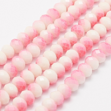 NBEADS Glass Beads Strands, Dyed & Heated, Faceted, Rondelle, Pink, 8x6mm, Hole: 1mm; about 65~70pcs/strand, 15.3