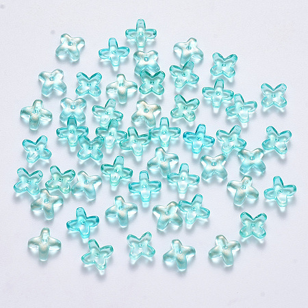 Arricraft Transparent Spray Painted Glass Beads, with Glitter Powder, Clover, Pale Turquoise, 8x8x3mm, Hole: 0.9mm
