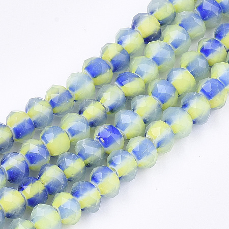 NBEADS Glass Beads Strands, Faceted, Two Tone, Rondelle with Flower, RoyalBlue, 7.5~8x5.5mm, Hole: 1~1.5mm; about 74pcs/strand, 16.1''