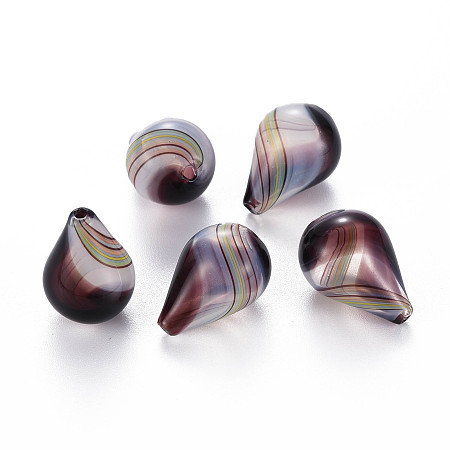 Honeyhandy Transparent Handmade Blown Glass Globe Beads, Stripe Pattern, Teardrop, Coconut Brown, 19.5~21x14~15mm, Hole: 1~2mm