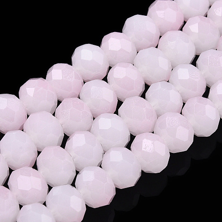 Two-Tone Imitation Jade Glass Beads Strands, Faceted, Rondelle, Pearl Pink, 8x7mm, Hole: 1.5mm, about 65~66pcs/strand, 16.06 inch~16.34 inch(40.8~41.5cm)