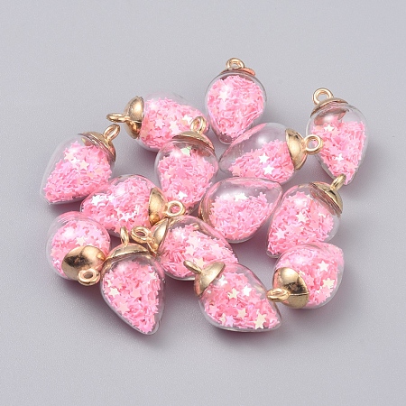 Transparent Glass Pendants, with Plastic Paillette/Sequins Beads inside and CCB Plastic Pendant Bails, teardrop, with Star, Light Gold, Pink, 24x14mm, Hole: 2mm