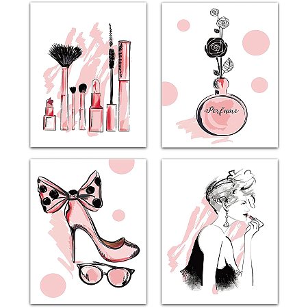 CREATCABIN 4pcs Fashion Women Canvas Wall Art Print Poster Set Unframed Wall Pictures Paintings Perfume Makeup Modern Artwork Decor for Dressing Room Bedroom Bathroom Home Girls Gift 8 x 10inch Pink