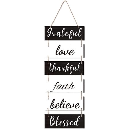Arricraft 1 Set Grateful Love Thankful Faith Believe Blessed Wooden Hanging Sign Decorative Plaque Rustic Wall-Mounted Hanging Slatted Sign for Entryway Farmhouse Living Room Decor 35.4x11.8in