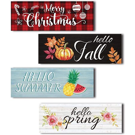 CRASPIRE 4 Pieces Rustic Wood Signs Farmhouse Wooden Wall Sign Decorations Set Hello Spring Hello Summer Hello Fall Merry Christmas for Home Thanksgiving Seasonal Plaque,5.5 x 1.96 x 0.4inch