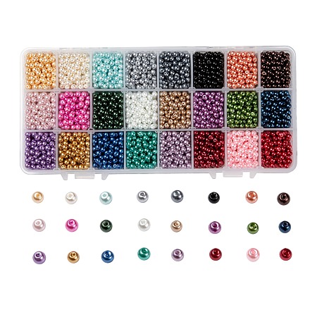 Arricraft 24 Colors Glass Pearl Beads, Pearlized, Round, Mixed Color, 4~5mm, Hole: 1mm; 24 Colors, about 200pcs/color, 4800pcs/box