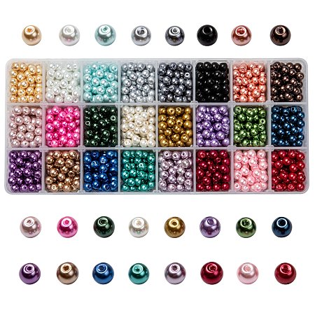 Arricraft 24 Colors Glass Pearl Beads, Pearlized, Round, Mixed Color, 6~7mm, Hole: 1mm; 24 Colors, about 70pcs/color, 1680pcs/box