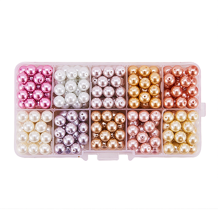 PandaHall Elite 1 Box (about 230pcs) 10 Color Pearlized Glass Pearl Round Beads Assortment Lot for Jewelry Making, 8mm, Hole: 1mm - Mixed Color 9