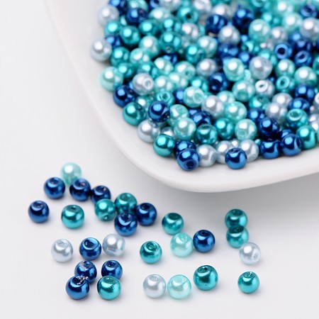 ARRICRAFT 1Bag/100pcs Caribbean Blue 4mm Mixed Czech Round Pearlized Glass Pearl Beads Imitational Glass Pearl Bead Spacers for Jewelry Makings Hole: 1mm