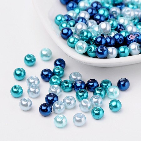 Honeyhandy Carribean Blue Mix Pearlized Glass Pearl Beads, Mixed Color, 6mm, Hole: 1mm, about 200pcs/bag