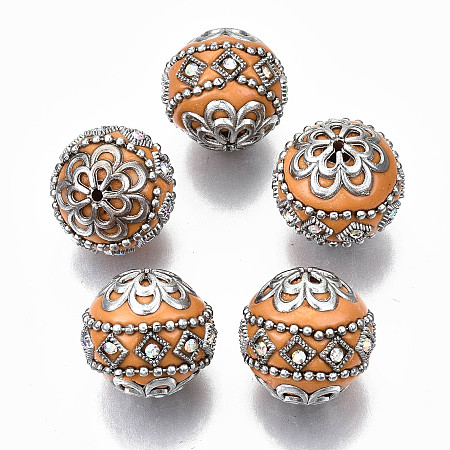 ARRICRAFT Handmade Indonesia Beads, with Crystal AB Rhinestone and Platinum Tone Brass Findings, Round, Sandy Brown, 19~20x19~20mm, Hole: 1.6mm