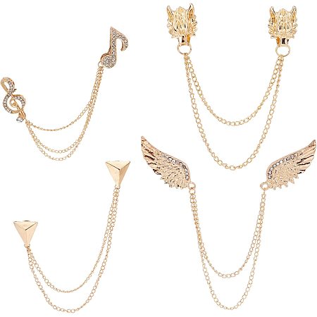 FINGERINSPIRE 4Pcs Tassel Chain Brooch Collar Pins 4 Style (Angel Wings/Triangle/Musical Note/Dragon) Plated Gold Crystal Rhinestone Metal Lapel Pin Suit Coat Breastpin for Women Men Accessories