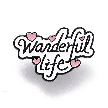 Honeyhandy Wonderful Life Word Enamel Pin, Inspirational Alloy Enamel Brooch for Backpack Clothes, Electrophoresis Black, White, 20x30x10.5mm, Pin: 1mm.