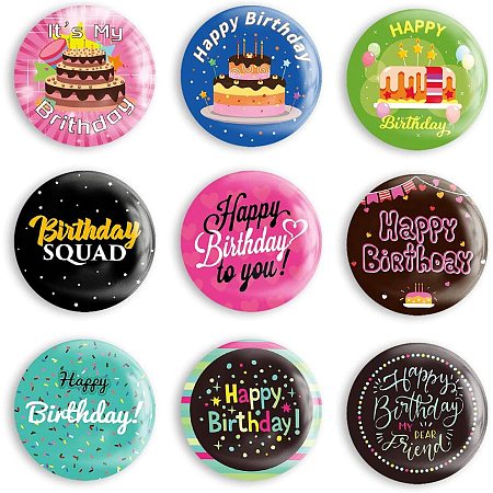 GLOBLELAND 9 Pcs Happy Birthday Button Pins Happy Birthday to You Buttons Mix Pattern for Adults or Kids Men or Women Brooches or Birthday Party 2-1/4 Inch